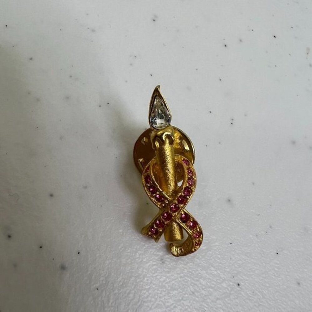 Vtg Roman Pink Ribbon Pin Brooch Seraphim Breast Cancer Awareness Crystal Candle